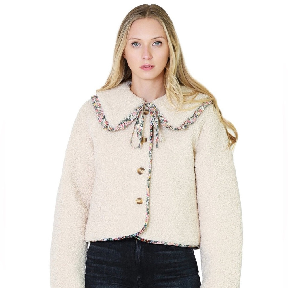 One Loved Babe (boutique) Cream Teddy Jacket with Floral Accents